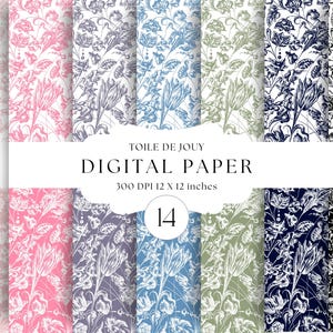 Toile de jouy digitaal papier, vintage bloempatronen, achtergronden chinoiserie, digitaal plakboekpapier, Clip Art Junk Journal, Coquette Art