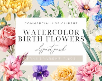 May include: Watercolor clipart pack of birth month flowers.  The pack includes a variety of flowers in different colors, including yellow, pink, blue, white, and purple.  The flowers are arranged in a bouquet and are surrounded by green leaves.  The text "COMMERCIAL USE CLIPART WATERCOLOR BIRTH FLOWERS clipart pack TRANSPARENT PNGS" is displayed on a white rectangle.