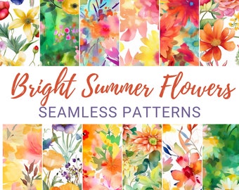 Bright Summer Flowers Seamless Patterns, Watercolor Floral Backgrounds, 12 Designs, 12x12in and 300dpi, Commercial Use, Floral Sublimation