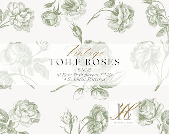 May include: Vintage Toile Roses in sage green, featuring 10 rose transparent PNGs and 4 seamless patterns. The design is by Heather & Holly.