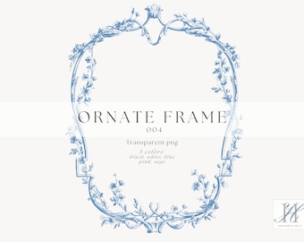 Vintage Chinoiserie Floral Clipart Frame PNG, Baroque Line Art Wedding Clip Art, Victorian Wedding Crest, Toile PNG Design, Ornamental Frame