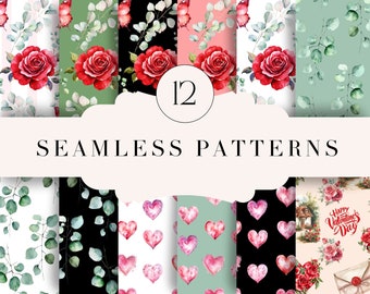 Watercolor Roses & Hearts Seamless Patterns, Valentines Day Digital Paper, Seamless Flower Pattern, Floral Backgrounds, Sublimation Bundle