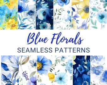 Blue Florals Digital Paper, Seamless Flower Patterns, Watercolor Floral Backgrounds, Blue Navy Aqua Florals, Commercial Use, Sublimation