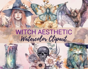 20 Pastel Watercolor Witch Aesthetic Clipart, Witchcraft Clip Art PNG, Mystical Gothic Illustration, Magic Witch Sublimation Graphics