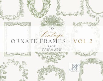 Peut inclure: Un ensemble de 10 cadres ornés vintage de couleur vert sauge. Les cadres sont de styles variés, y compris des couronnes, des cercles et des carrés. Les cadres sont parfaits pour ajouter une touche d'élégance à tout projet. 10 Cadres Ornés Vintage - Vol 2 Sauge PNG & SVG