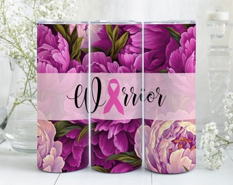 Pink Ribbon 20 oz Skinny Tumbler Wrap Design, Breast Cancer Warrior Sublimation PNG, Instant Digital Download, Pink October Floral Template