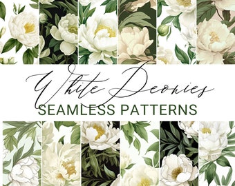 12 White Peonies Seamless Patterns | Floral Scrapbooking Paper | Flower Prints | Shabby Chic | Junk Journal Prints | Flower Art