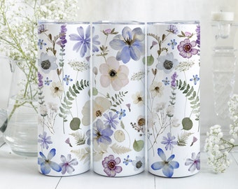 Pressed Flowers 20 oz Skinny Tumbler Wrap Design, Cottagecore Floral Sublimation PNG, Instant Digital Download, Wildflowers Design Template