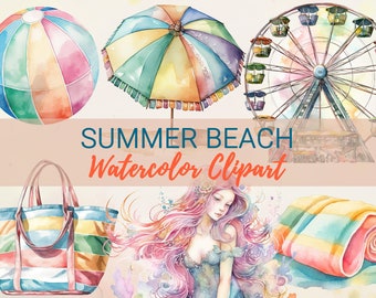 21 Pastel Watercolor Beach Clipart, Summer Clip Art PNG, Beach Illustration, Summer Holidays Sublimation Graphics