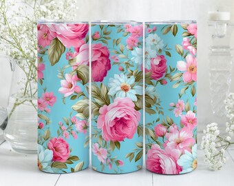 Pink Roses 20 oz Skinny Tumbler Wrap Design, Cottagecore Sublimation PNG, Instant Digital Download, Pink October Floral Template
