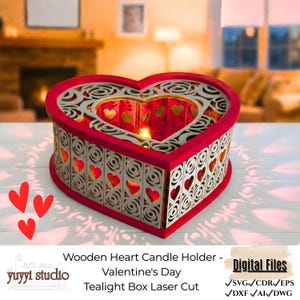 May include: A red and beige wooden heart-shaped candle holder with heart cutouts and a decorative top. The candle holder has the text "Wooden Heart Candle Holder - Valentine's Day Tealight Box Laser Cut".
