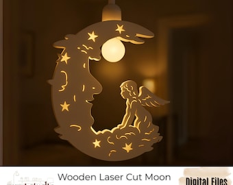 Wooden Laser Cut Moon and Angel Night Lamp  Plywood Night Light Bulb Socket Handmade