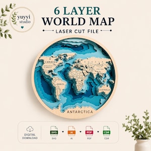 May include: A 6-layer world map laser cut file in a round wooden frame. The map features a detailed depiction of the continents with blue layered water. The text "6 LAYER WORLD MAP LASER CUT FILE" is at the top. Digital download options are shown.
