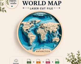May include: A 6-layer world map laser cut file in a round wooden frame. The map features a detailed depiction of the continents with blue layered water. The text "6 LAYER WORLD MAP LASER CUT FILE" is at the top. Digital download options are shown.