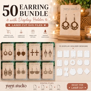 May include: A bundle of 50 laser-cut earring designs with display holders. The image showcases various earring styles, including circles, leaves, crosses, and geometric shapes. The text reads "yuyyi studio" and "Ready for Laser Cut".
