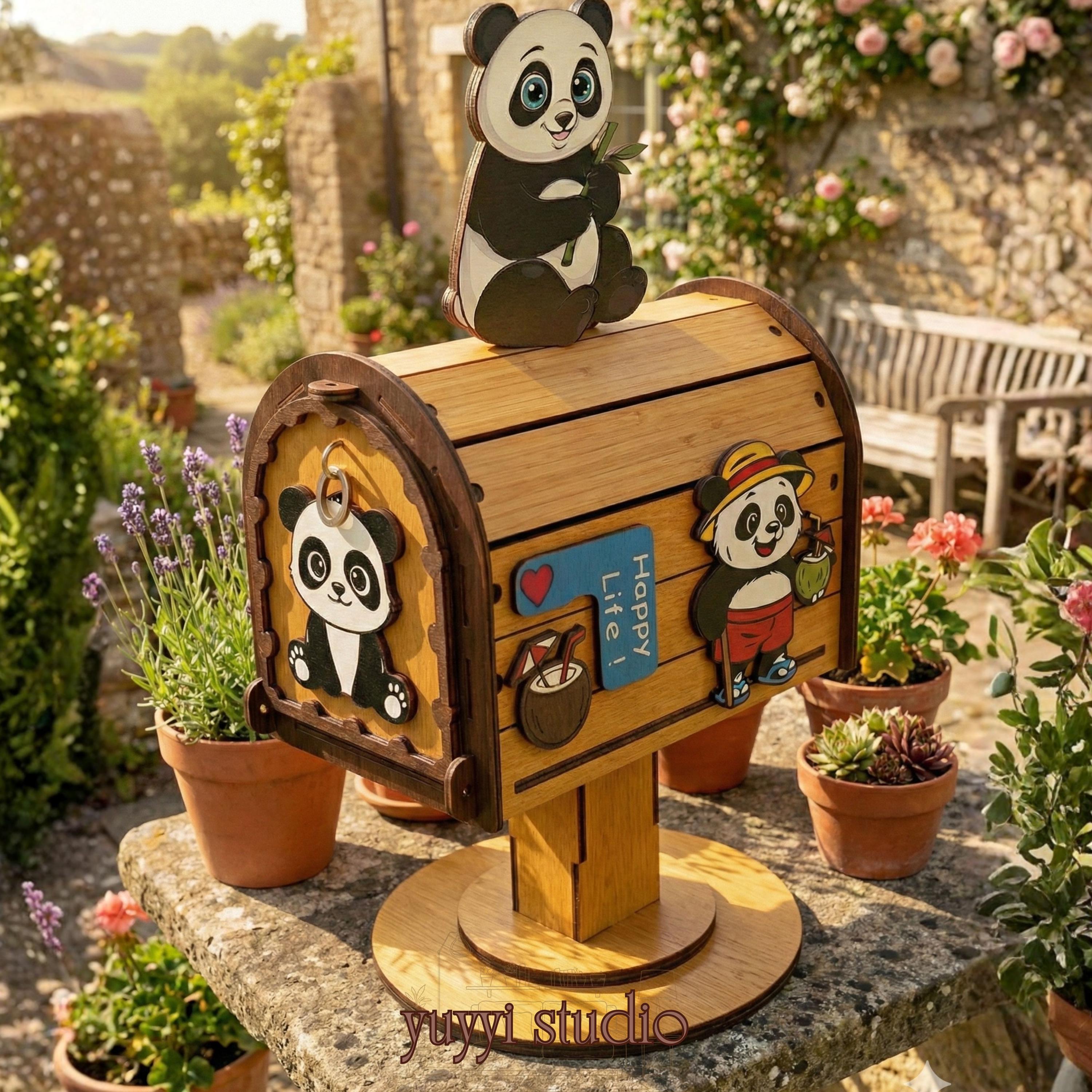 Wooden Panda Mailbox Decor - Animal Figurine Box Digital Download