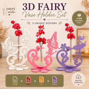 Könnte beinhalten: Ein Set aus drei 3D-Feen-Vasenhaltern in Weiß, Rosa und Lila, jeweils mit einem einzigartigen Design. Die Halterungen zeigen Schmetterlings- und Feen-Silhouetten, die Glasröhren mit roten Blumen halten. Der Text lautet "3D FAIRY Vase Holder Set".