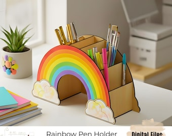 Whimsical Rainbow Pencil Holder SVG for Laser Cutting Desk Organizer File