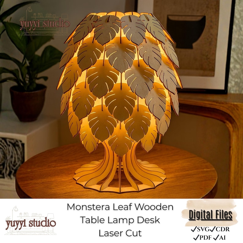Lámpara de mesa de madera con hojas de monstera / Lámpara decorativa cortada a láser / Iluminación para el hogar inspirada en la naturaleza