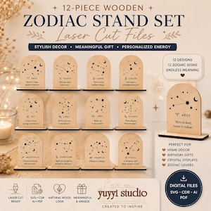 May include: A 12-piece wooden zodiac stand set with laser-cut designs. Each stand features a different zodiac constellation and quote. The set includes Aries, Taurus, Gemini, Cancer, Leo, Virgo, Libra, Scorpio, Sagittarius, Capricorn, Aquarius, and Pisces.