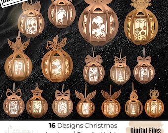 May include: A collection of 16 laser-cut wooden Christmas lantern ornaments featuring intricate holiday designs like angels, reindeer, and nativity scenes. The text reads 16 Designs Christmas Lantern / Candle Holder Bundle Laser Cut and Digital Files.