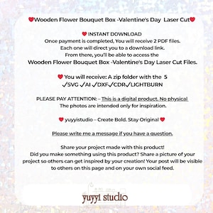 Peut inclure: Image d'un t&eacute;l&eacute;chargement num&eacute;rique pour une bo&icirc;te &agrave; bouquet de fleurs en bois, d&eacute;coup&eacute;e au laser pour la Saint-Valentin. Comprend les types de fichiers SVG, AI, DXF, CDR et LIGHTBURN. Le texte "yuyyistudio - Create Bold. Stay Original" est &eacute;galement pr&eacute;sent.