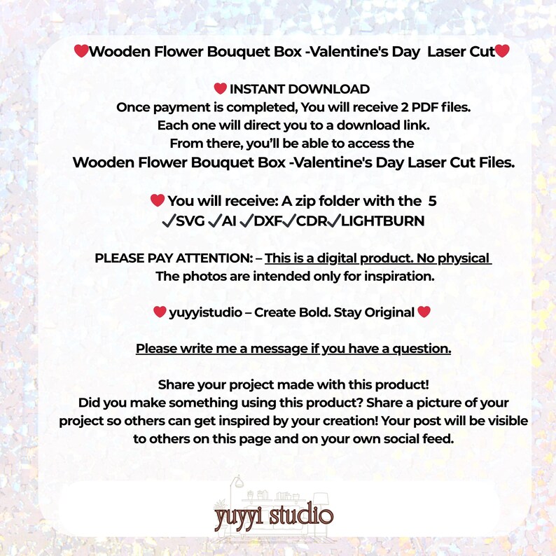 Peut inclure: Image d'un t&eacute;l&eacute;chargement num&eacute;rique pour une bo&icirc;te &agrave; bouquet de fleurs en bois, d&eacute;coup&eacute;e au laser pour la Saint-Valentin. Comprend les types de fichiers SVG, AI, DXF, CDR et LIGHTBURN. Le texte "yuyyistudio - Create Bold. Stay Original" est &eacute;galement pr&eacute;sent.