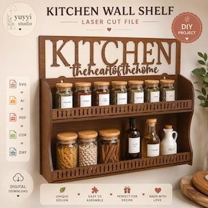 May include: A wooden kitchen wall shelf with the word "KITCHEN" cut out at the top. The shelf has two levels with jars of spices, olive oil, vinegar, and salt. The text "theheartofthehome" is also cut out.