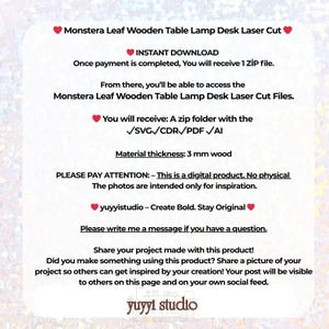 May include: Digital download product details for a Monstera Leaf Wooden Table Lamp Desk Laser Cut design. Includes file formats: SVG, CDR, PDF, and AI. Material thickness is 3 mm. The product is a digital file, not a physical item.