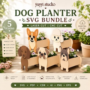 Può includere: Una collezione di cinque fioriere a forma di cane, ognuna con una razza diversa, contenenti piccole piante. Le fioriere fanno parte di un "DOG PLANTER SVG BUNDLE". L'immagine include il testo "LASER CUT | CNC CUT".