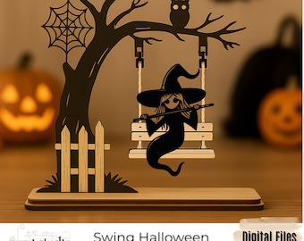 May include: A laser-cut wooden Halloween decoration featuring a witch on a swing, an owl, and a spiderweb. The witch is wearing a hat and holding a stick. The design includes a tree, a fence, and a pumpkin in the background.