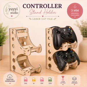 May include: A laser-cut wooden controller stand, designed to hold two game controllers. The stand has two levels and features the text "CONTROLLER Stand Holder" and "LASER CUT FILE". The material thickness is 3 mm.