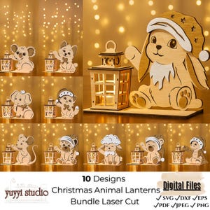 Könnte beinhalten: Holz-Weihnachtstier-Laternen in verschiedenen Designs, darunter Koala, Fuchs, Elefant, Katze, Maus, Tiger, Schaf, Bär und Dinosaurier. Jedes Tier hält eine Laterne. Das Bild zeigt auch eine große Hasenlaterne. Der Text lautet "10 Designs Christmas Animal Lanterns Bundle Laser Cut".