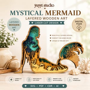 Warstwowa drewniana syrenka ścienna – oceaniczna scena 3D, wystrój domu w stylu marynistycznym