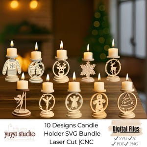 Christmas Candle Holder SVG Set: DIY Wood Cutout Templates (Digital Download)