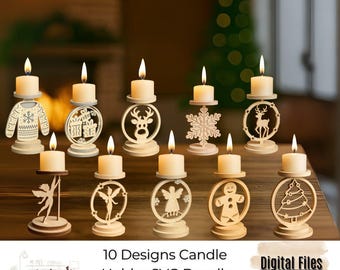 May include: A collection of ten wooden candle holders with various Christmas-themed designs, including a sweater, snowflake, reindeer, angel, and gingerbread man. Each holder supports a lit, white candle. The image also includes text that reads "10 Designs Candle Holder SVG Bundle Laser Cut | CNC".