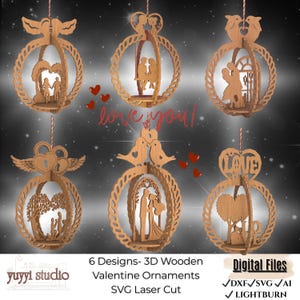 Lot d'ornements en bois 3D pour la Saint-Valentin, découpés au laser SVG, cadeau de la Saint-Valentin pour couple