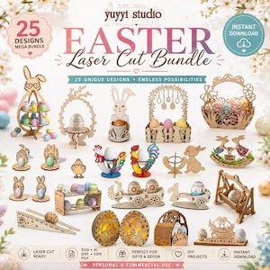 May include: A collection of laser-cut Easter designs, including bunnies, eggs, and baskets. The image features the text "EASTER Laser Cut Bundle" and "25 Designs Mega Bundle". The designs are suitable for gifts and decor, and are ready for laser cutting.