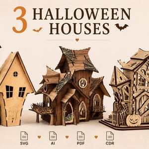 Paquete de casas de Halloween en 3D en formato SVG / Casa embrujada cortada con láser