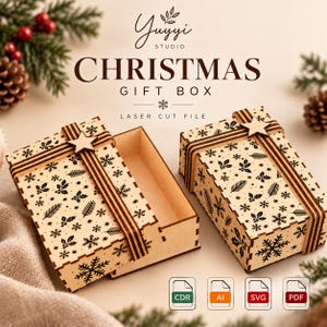 May include: Two light-coloured wooden gift boxes featuring laser-cut patterns of snowflakes, holly leaves, and pine needles. Each box has a decorative wooden star on the lid. Text reads Yuyyi Studio Christmas Gift Box Laser Cut File.