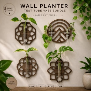 May include: Wooden wall planter set with test tube vases. The set includes four different geometric designs: an octagon, a circle with an arrow, a flower, and a starburst. Each planter holds a clear glass test tube for displaying plants. The text "WALL PLANTER" is at the top.