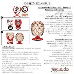May include: A detailed diagram of a wooden leaf pendant light, showcasing assembly instructions and dimensions. The lamp is 300 x 300 x 400 mm. The design features a layered leaf structure with a red base and light-colored leaves. The text "DESIGN EXAMPLE" is at the top.