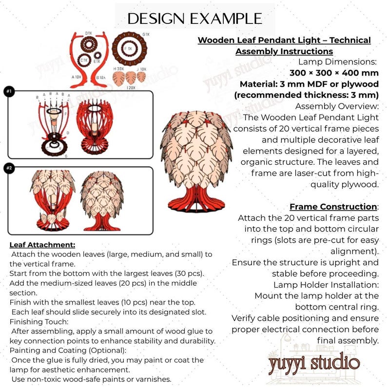 May include: A detailed diagram of a wooden leaf pendant light, showcasing assembly instructions and dimensions. The lamp is 300 x 300 x 400 mm. The design features a layered leaf structure with a red base and light-colored leaves. The text "DESIGN EXAMPLE" is at the top.