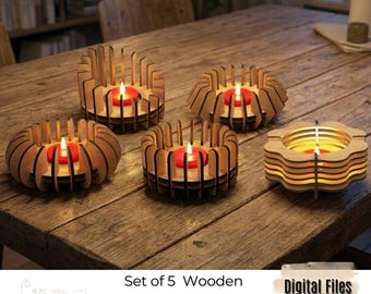 Set of 5 Wooden Laser Cut Tealight Holder SVG Bundle | Cozy Home Atmosphere Decor