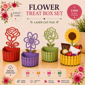 Può includere: Un set di scatole per dolcetti a forma di fiore con design tagliati al laser. Il set include quattro scatole in rosso, viola, verde e giallo, ognuna con un diverso design floreale. Le scatole hanno uno spessore di 3 mm.