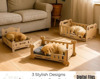 May include: Three wooden dog beds in different designs. Each bed features a sleeping puppy. The beds are made of light-colored wood and have decorative cutouts. The image also includes the text "3 Stylish Designs Wooden Dog Beds Laser Cut | CNC".