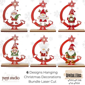 May include: Six laser-cut Christmas decorations featuring gnomes in various designs. Each gnome is suspended from a red crescent-shaped frame with a star at the top. The decorations are on wooden bases. The text reads "6 Designs Hanging Christmas Decorations Bundle Laser Cut".