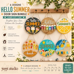 May include: Six circular wooden door signs with summer designs. The signs feature vibrant colours and summer imagery, including ice cream cones, ice lollies, a lemon, flip-flops, beach scenes, and the words "Hello Summer" and "Sweet Summer".