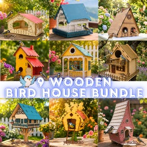 Könnte beinhalten: Eine Sammlung von neun Vogelhäusern aus Holz in verschiedenen Designs und Farben, darunter Rot, Gelb, Blau und Naturholztöne. Die Vogelhäuser weisen aufwendige Ausschnitte auf und sind von Grün und Blumen umgeben. Der Text "9 WOODEN BIRD HOUSE BUNDLE" ist zu sehen.