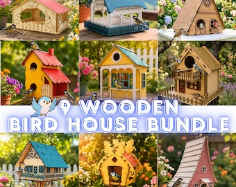 May include: A bundle of nine wooden birdhouses in diverse styles and colours, including red, yellow, blue, and natural wood tones. The birdhouses have intricate cut-out details and are set amongst greenery and flowers. The text "9 WOODEN BIRD HOUSE BUNDLE" is visible.